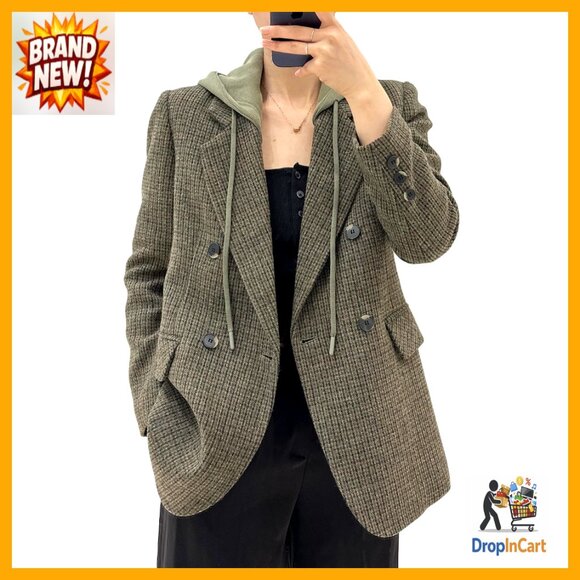 Oversized Hooded Blazer Double Breasted Loose Fit Lined Work Office Jacket